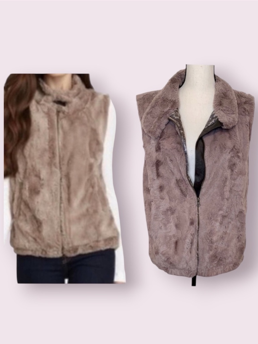 Sanctuary Faux Fur Sleeveless Vest Zip Up Taupe Brown Size Medium - Picture 16 of 16